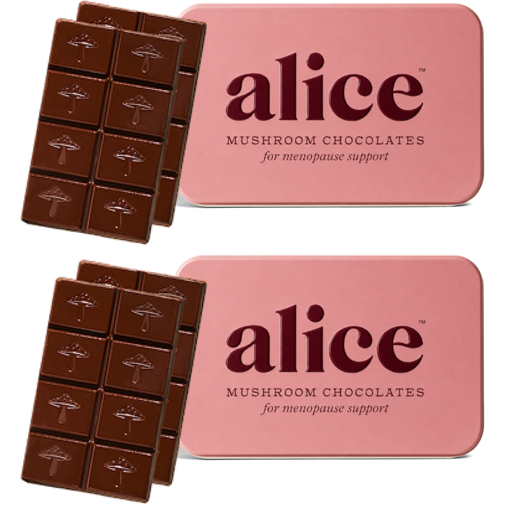 two Menopause Hero tins with two bars of alice dark chocolate