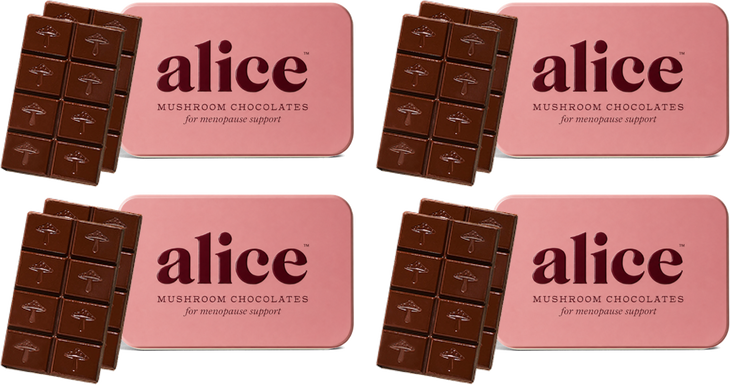 four Menopause Hero tins with four bars of alice dark chocolate