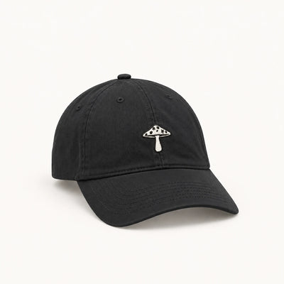 black alice dad hat with embroidered mushroom logo on the front