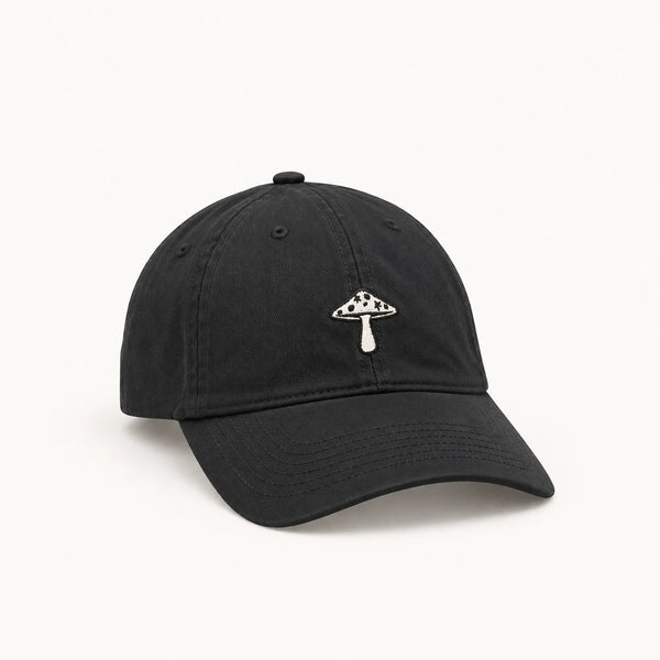 black alice dad hat with embroidered mushroom logo on the front