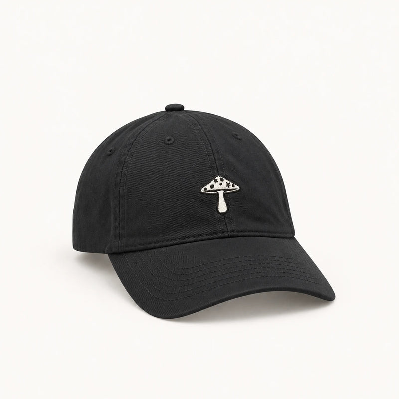 black alice dad hat with embroidered mushroom logo on the front