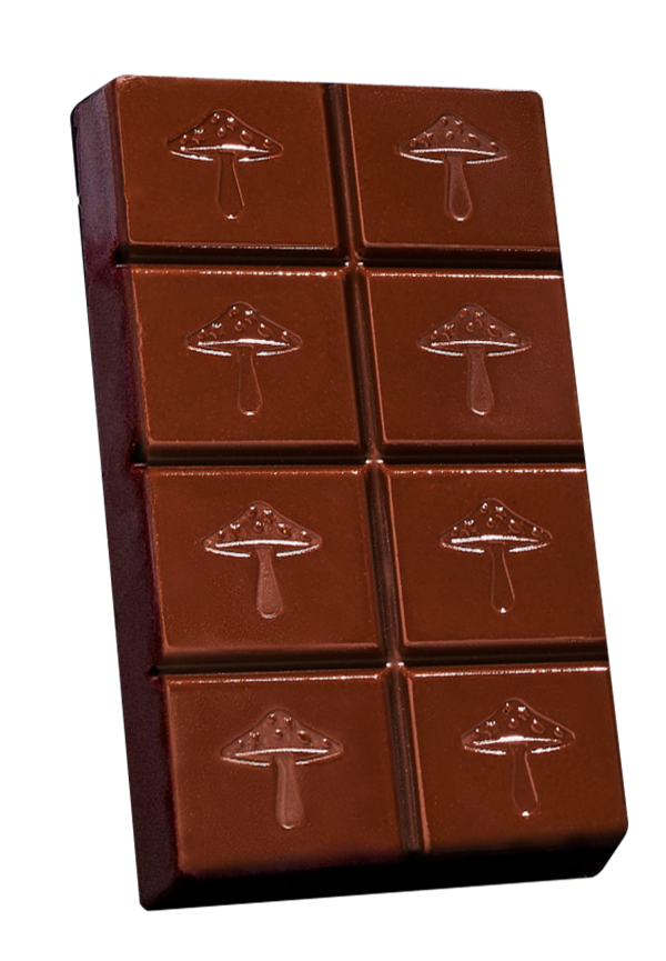 a bar of alice dark chocolate, eight squares embossed with mushrooms