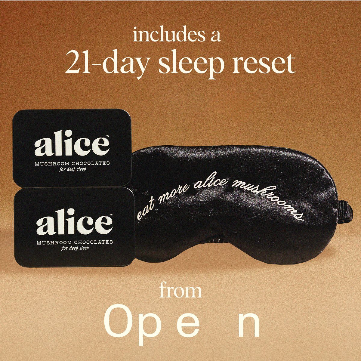 two nightcap tins beside the alice silk eye mask, includes a 21-day sleep reset from Open